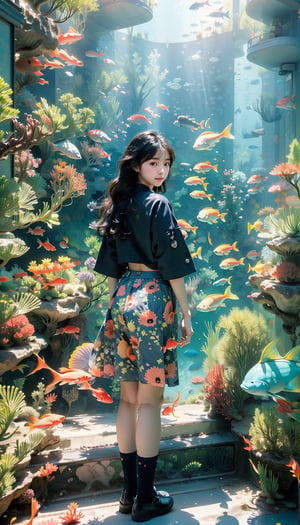 1girl, most beautiful korean girl, Korean beauty model, stunningly beautiful girl, gorgeous girl, 18yo, over sized eyes, big eyes, smiling, looking at viewer
, fish, stairs, scenery, solo, skirt, railing, black hair, standing in a room watching outside is a underworld, like aquarium, school uniform, long wavy hair, underwater, serafuku, wide shot, jellyfish, shoes, pleated skirt, bubble, from behind, coral, facing away, shirt, socks, underworld,watercolor,shaonv,kawaiitech,Underwater world,masterpiece