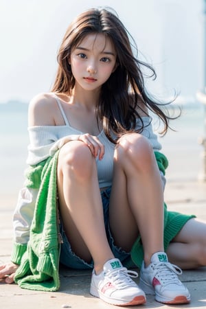 1girl, most beautiful korean girl, stunningly beautiful girl, gorgeous girl, 20yo, over sized eyes, big eyes, smiling, looking at viewer, solo, long hair, (white full sleeve top), (green Off the shoulder jacket), (low rise shorts), sneakers, Confidence and pride,beauty,Young beauty spirit, realistic, ultra detailed, photo shoot, raw photo,white_background,masterpiece