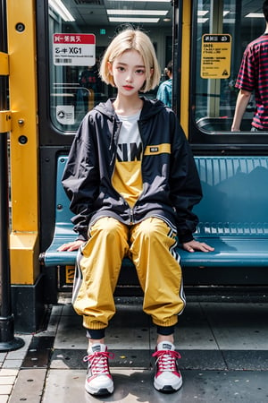 yellow_jacket, 1girl,  oversized_clothes , white_hair , sneakers , sitting inside a subway,Realism