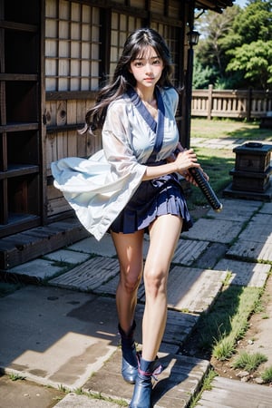 masterpiece, best quality, ultra realistic illustration, 16K, (HDR), high resolution, female_solo, slender hot body proportion, looking at viewer, big eyes, beautiful korean girl, 1 female samurai , holding sword katana+battoujutsu, (wearing highly detailed red haori+hakama skirt), full-body shot, (white long hair:1.0), (green eyes:1.0), highly detailed background of ancient Japan architecture, add More Detail,Enhance,chinatsumura,wgz_style