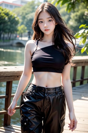 1girl, most beautiful korean girl, Korean beauty model, stunningly beautiful girl, gorgeous girl, over sized eyes, big eyes, looking at viewer, high school student,18 yo, long hair, curly hair, wearing short top(black, strap) and black cargo pants,she is walking riverside(river, bridge,trees) with a dog, happy smile, Best Quality, 32k, photorealistic, ultra-detailed, finely detailed, high resolution, perfect dynamic composition, beautiful detailed eyes, sharp-focus, cowboy shot,