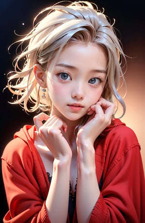  Girl, red wool coat, pretty face, short hair, blonde hair, (photo reality: 1.3) , Edge lighting, (high detail skin: 1.2) , 8K Ultra HD, high quality, high resolution, best ratio of four fingers and one thumb, (photo reality: 1.3) , wearing a red coat, white shirt inside, large breasts, solid color background, solid red background, advanced feeling, texture pull full, 1 girl, xiqing, hszt, xiaxue, dongji, beautiful Korean 18yo girl, idol face, gorgeous girl, {beautiful and detailed eyes}, {normal limbs and fingers}, ((accurate hands without incongruity)), Golden ratio, perfect body ratio, The face of a young actress in korea, high details, High quality, beauty face, perfect face,  
beautiful accurate face (eyes, nose and mouth), medium_breasts, Detailed face, Detailed eyes, perfect foot, perfect hand, perfect fingers, Clean facial skin, slim and perfect body, Glamor body type, film grain, realhands, looking at viewer,masterpiece