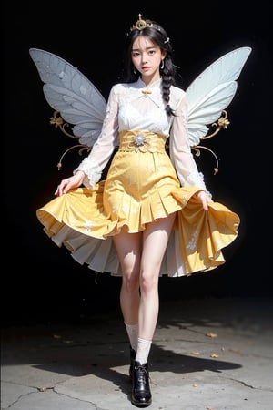 Gloves, Single, Braid, White Gloves, Wings, Fairy, Single, Flower, Fairy Wings, Long Hair, Hair Accessories, Hair Flower, White Dress, Butterfly Wings, Single, Skirt, Socks, Shoes, Brown Hair, Pleated Skirt, Knee Length, Sweater Bottoms, Watching the Audience, Black Shoes, White Socks, Full Length, Realistic, Long Sleeves, Brown Eyes, Mini Dress, Lips, Medium Hair, Bangs masterpiece, (best quality), Amazing, beautiful detailed eyes,((((1girl)))), finely detailed, Depth of field, extremely detailed CG unity 8k wallpaper,(((((full body))))),(((cute animal face))), (((a girl wears Clothes Black and white Taoist robes))),((Extremely gorgeous magic style)),((((gold and silver lace)))),(((flowing lace))),(((flowing ((black)) and white background))),(((((gorgeous detailed eyes))))),(((((((gorgeous detail face))))))),((floating hair)),(((Pick and dye black hair in white hair))),(((flowing transparent black))),(((flowing transparent white))),(((((ink))))),((((small breast)))),(((extremely detailed gorgeous tiara))),(((black and white hair))),((black hair stick)),((white hair ornament)),((gold gorgeous necklace)),((flowing hair)),(((The picture fills the canvas))),((The character is in the center of the frame)),(((flowing))),((bright pupils)),((((melt)))),(((((black and white melt))))),asian,Realism,japanese,masterpiece