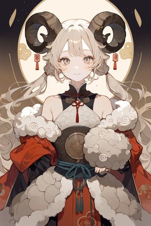 masterpiece, best quality, aethetic,warrior,Chinese Zodiac,Chinese style,a frail sheep girl, sheep, Torso shot,sheep horns,white twintails,soft and fluffy, 1 girl, most beautiful korean girl, stunningly beautiful girl, gorgeous girl, 20yo, over sized eyes, big eyes, smiling,