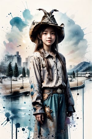 solo, ((Cowboy Shot: 1.5)), 1 girl, beautiful korean girl, looking at viewer, 18 yo, over sized eyes, big eyes, smiling, girl caressing a rabbit, dressed as a witch near a river, crouching caressing the rabbit, pastel colors, purple colors, blue colors, green colors, shading, gray scale, hand drawn,Chromaspots,ink splash