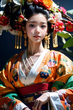 1 girl, beautiful korean girl, 18 yo, over sized eyes, big eyes, smiling, looking at viewer, Full body, best picture quality, high resolution, 16k, realistic, sharp focus, extreme picture quality, detailed face + eyes, casual pose, elegant, casual facial expression, realistic image of an elegant lady, no hair accessories, dark eyes , fractal art, bright colors, Korean beauty supermodel, pure white hair mixed with colorful hair tails, wearing Hanfu, wearing high-heeled sandals, radiant, perfectly customized gorgeous floral embroidery pattern suit, custom design, 1 girl, tense , looking at the audience, ,floral print,1girl,CLOUD,masterpiece