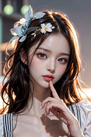 beautiful Korean 20yo girl, idol face, gorgeous girl, {beautiful and detailed eyes}, {normal limbs and fingers}, ((accurate hands without incongruity)), Golden ratio, perfect body ratio, The face of a young actress in korea, high details, High quality, beauty face, perfect face,  
beautiful accurate face (eyes, nose and mouth), medium_breasts, Detailed face, Detailed eyes, perfect foot, perfect hand, perfect fingers, Clean facial skin, slim and perfect body, Glamor body type, hips up, film grain, realhands, looking at viewer, cute:3.0, sohee,Realism