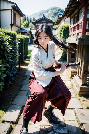 masterpiece, best quality, ultra realistic illustration, 16K, (HDR), high resolution, female_solo, slender hot body proportion, looking at viewer, over sized eyes, big eyes, beautiful korean girl, stunningly beautiful girl, gorgeous girl, an extremely cute and beautiful girl, highly detailed beautiful face and eyes, 1 female samurai , full body, holding sword katana+battoujutsu, (wearing highly detailed red haori+hakama skirt), full-body shot, (white long hair:1.0), (green eyes:1.0), highly detailed background of ancient Japan architecture, add More Detail,Enhance,chinatsumura,chinkstyle,wgz_style