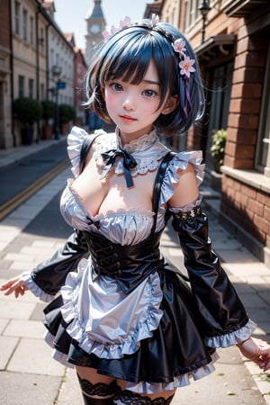 rezerorem, rem, blue eyes, blue hair, hair ornament, hair over one eye, hair ribbon, short hair, x hair ornament, stunningly beautiful girl, gorgeous girl, 18yo, over sized eyes, big eyes, smiling, looking at viewer
BREAK apron, black ribbon, black skirt, black sleeves, detached collar, detached sleeves, flower, frilled apron, frilled skirt, frills, head wreath, long sleeves, maid, miniskirt, neck ribbon, purple ribbon, ribbon, ribbon trim, ribbon-trimmed sleeves, roswaal mansion maid uniform, short hair, huge breasts, skirt, thighhighs, waist apron, white apron, white thighhighs,
BREAK outdoors, city,
BREAK looking at viewer, 
BREAK (masterpiece:1.2), best quality, high resolution, unity 8k wallpaper, (illustration:0.8), (beautiful detailed eyes:1.6), extremely detailed face, perfect lighting, extremely detailed CG, (perfect hands, perfect anatomy), well drawn and drawn hands:0.8,