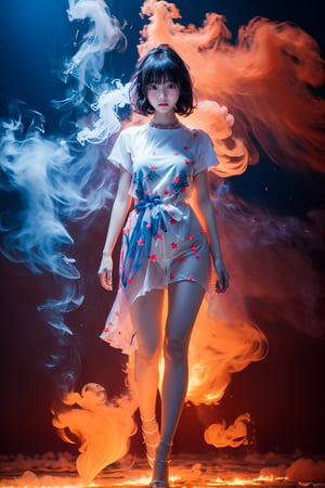 1girl:1.1), stars in the eyes, (pure girl:1.1), ((full body:1.2)), There are many scattered luminous petals, red and yellow tones, contour deepening, white_background, cinematic angle, smoke, blue_IDphoto, Urbantee,blue_IDphoto, 
