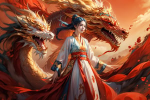 masterpiece, top quality, best quality, official art, beautiful and aesthetic:1.2), (1girl:1.3), 1 girl, blue hair, hanfu fashion, chinese dragon, eastern dragon, golden line, (red theme:1.6), volumetric lighting, ultra-high quality, photorealistic, sky background, hanfu,Realism