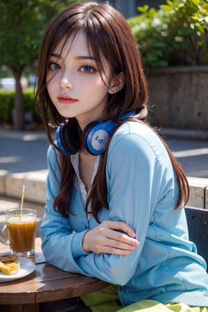 ((masterpiece, 8k, RAW, ultra realistic)), miku nakano, enjoying breakfast before school, long hair, bangs, blue eyes, brown hair, shirt, hair between eyes, shy smile, headphones, blue cardigan, white shirt, GREEN SKIRT, headphones around neck,
,MIKU NAKANO,Realism,Portrait