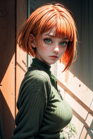 nose blush,mcdonalds_mom, short hair, large breasts, blunt bangs, bob cut, bright pupils, green eyes,orange_hair,Low angle shot,from below, the most beautiful image I have ever seen, Shader, volume rendering,niji,Realism