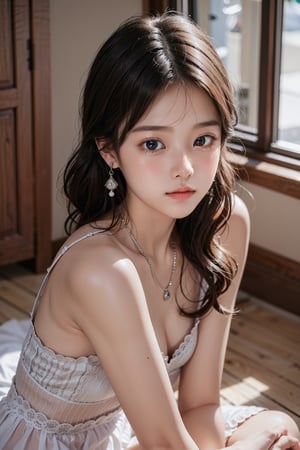 background is ancient chinese war,burning buildings, smoke,dark sky 18 yo, 1 girl, big eyes, beautiful korean girl, sitting on floor,wearing beautiful hafu, solo, {beautiful and detailed eyes}, dark eyes, calm expression, delicate facial features, ((model pose)), Glamor body type, (dark hair:1.2),braided hair, simple tiny necklace,simple tiny earrings, flim grain, realhands, masterpiece, Best Quality, 16k, photorealistic, ultra-detailed, finely detailed, high resolution, perfect dynamic composition, beautiful detailed eyes, eye smile, ((nervous and embarrassed)), sharp-focus, full_body, cowboy_shot,