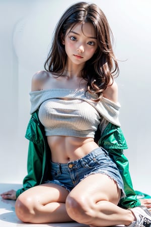 1girl, most beautiful korean girl, stunningly beautiful girl, gorgeous girl, 20yo, over sized eyes, big eyes, smiling, looking at viewer, solo, long hair, (white full sleeve top), (green Off the shoulder jacket), (low rise shorts), sneakers, Confidence and pride,beauty,Young beauty spirit, realistic, ultra detailed, photo shoot, raw photo,white_background,masterpiece