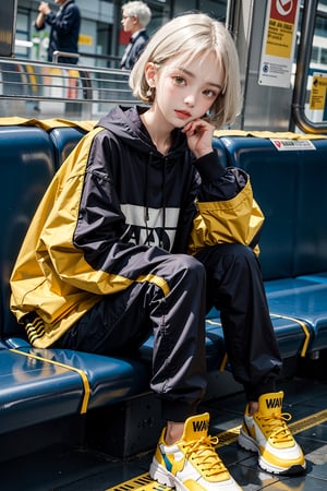 yellow_jacket, 1girl,  oversized_clothes , white_hair , sneakers , sitting inside a subway