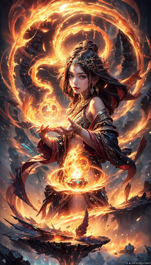 (masterpiece,  top quality,  best quality,  official art,  beautiful and aesthetic:1.2),  (1girl:1.2), fire fairy, cute,  light eyes,   beautiful face, ((Transparent heavenly plumage)),extreme detailed, (abstract:1.4,  fractal art:1.3), (shain gold hair:1.1),  fate \(series\),  colorful, highest detailed, lightning, Swirling lava, flying flames,ability to manipulate fire, (splash_art:1.2),  jewelry:1.4,  silver wear, scenery,  ink  ,pyromancer,Exquisite face,Holy light