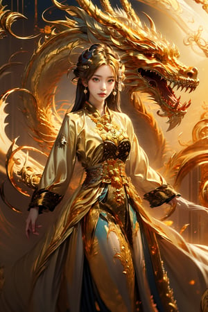 masterpiece, top quality, best quality, official art, beautiful and aesthetic:1.2), (1girl:1.3), chinese dragon, eastern dragon, golden line, (gold theme:1.6), volumetric lighting, ultra-high quality, photorealistic, sky background,3va,Circle,Realism