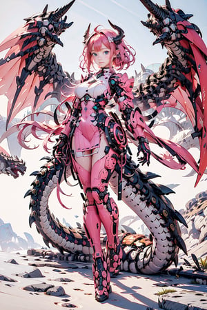 1girl, solo, big eyes, beautiful korean girl, big breasts, looking at viewer, short hair, dress, medium breasts, tail, laughing smiling facial, full body, pink hair, ahoge, wings, horns, pink eyes, bodysuit, pink dress, dragon tail, mecha musume, mechanical wings, mechanical tail
