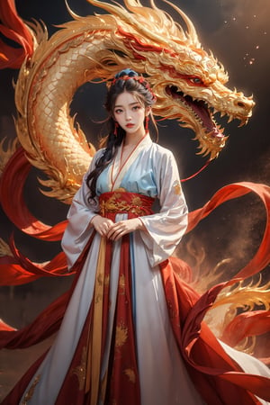 masterpiece, top quality, best quality, official art, beautiful and aesthetic:1.2), (1girl:1.3), 1 girl, blue hair, hanfu fashion, chinese dragon, eastern dragon, golden line, (red theme:1.6), volumetric lighting, ultra-high quality, photorealistic, sky background, hanfu,