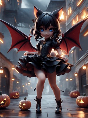 chibi, 3d, render, pvc, vampire girl, red bat wings, blue eyes, black hair, fangs, smile, showing tongue, black dress, pumpking, high lights, light aura, best quality, masterpiece, a very delicate and beautiful, (at the center:1.2), (solo:1.3), outdoors,fantasy00d,cat ear,dragon ear,Rabbit ear,weapon