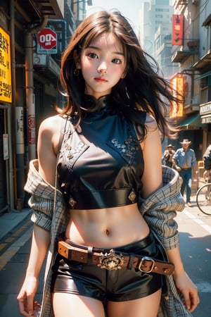 (masterpiece)In autumn, a super beautiful korean 18-year-old kunoichi with medium wavy hair, 1 girl, most beautiful korean girl, Korean beauty model, idol face, gorgeous girl, an extremely cute and beautiful girl, highly detailed beautiful face and eyes, over sized eyes, big eyes, smiling, 18yo, looking at viewer, ((Cowboy Shot: 1.5)), white, ninja open clothes, sleeveless, sexy and attractive, black armors, surrealism, chiaroscuro, colorful movie lights , Lens Flare, From Outside, Ultra HD, cyberpunk , Textured Skin, High Detail, High Resolution, cbpkv5