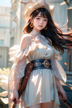 1 girl, most beautiful korean girl, Korean beauty model, idol face, gorgeous girl, 18yo, over sized eyes, big eyes, smiling, looking at viewer, ((Cowboy Shot: 1.5)), solo, long hair, blush, bangs, blue eyes, simple background, hair ornament, white background, dress, bow, animal ears, jewelry, closed mouth, weapon, flower, grey hair, cowboy shot, earrings, sword, white dress, book, sash, white headwear, sheath, tassel, sheathed, bear ears, weapon on back