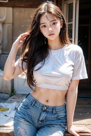 (masterpiece, best quality, highres:1.3), ultra resolution image, (solo), (1girl, most beautiful korean girl, Korean beauty model, stunningly beautiful girl, gorgeous girl, 20yo, over sized eyes, big eyes, smiling, looking at viewer), formad hair:1.4, forehead, long hair syle, tomboy, blonde hair, red eye, simple --niji, kpop girl, :3:1.3, (simple white t shirts), (blue jeans), navel, large hips, mature girl, kawai pose, victory, :3:1.2, face close to viewer, fall in love to viewer, dynamic angle:1.4, pixel_art,