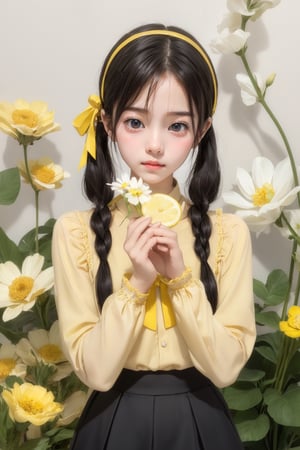 best quality, masterpiece, aesthetic, 1girl, artist name, bangs, black hair, blush, brown hair, cowboy shot, 
dated, flower, food, fruit, holding, leaf, lemon, lemon slice, long sleeves, looking at viewer, neck ribbon, 
plant, ribbon, short hair, signature, simple background, solo, upper body, white background, yellow flower, 
yellow ribbon, yellow shirt, yellow theme, skirt, shirt, twintails, hairband, puffy sleeves, black skirt, white flower, 
short twintails, puffy long sleeves, covered mouth, holding flower, ,Exquisite face