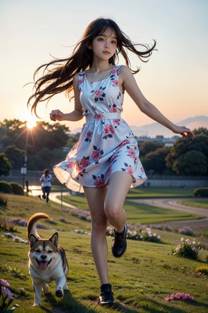 masutepiece, Best Quality, Ultra-detailed, finely detail, hight resolution, 8K Wallpaper, Perfect dynamic composition, Natural Color Lip,(Wearing a floral-patterned dress :1.3),(Longhair:1.3),drawn action: (the girl must be happily running around the field with a Shiba Inu,basking in the evening sun:1.4),I want to convey the happily atmosphere,(The wind blows her long hair:1.4), big eyes, beautiful korean girl, 20 years girl,(smile:1.3),full body shot,colorful_girl_v2