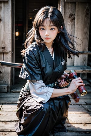 masterpiece, best quality, ultra realistic illustration, 16K, (HDR), high resolution, female_solo, slender hot body proportion, looking at viewer, over sized eyes, big eyes, beautiful korean girl, stunningly beautiful girl, gorgeous girl, an extremely cute and beautiful girl, highly detailed beautiful face and eyes, 1 female samurai , full body, holding sword katana+battoujutsu, (wearing highly detailed red haori+hakama skirt), full-body shot, (white long hair:1.0), (green eyes:1.0), highly detailed background of ancient Japan architecture, add More Detail,Enhance,chinatsumura,chinkstyle,wgz_style