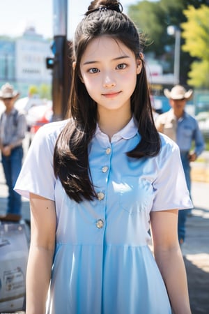 (masterpiece, best quality, ultra-detailed, 8K),Cute 16-year-old high school girl, close-up, high school uniform, perfect figure, no makeup, (natural expression), (smiling face), black eyes, perfect proportions, (smooth black hair in a ponytail with ribbon), low angle, summer sunlight, glitter, heat haze, five-fingered hand, correct hand shape, 1 girl, most beautiful korean girl, Korean beauty model, idol face, gorgeous girl, over sized eyes, big eyes, smiling, looking at viewer, ((Cowboy Shot: 1.5))