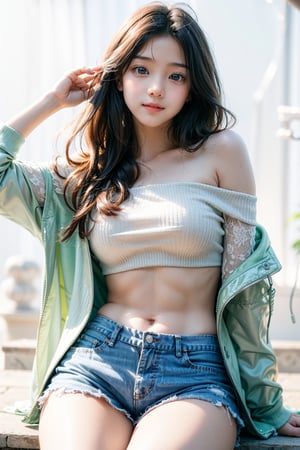 1girl, most beautiful korean girl, stunningly beautiful girl, gorgeous girl, 20yo, over sized eyes, big eyes, smiling, looking at viewer, solo, long hair, (white full sleeve top), (green Off the shoulder jacket), (low rise shorts), sneakers, Confidence and pride,beauty,Young beauty spirit, realistic, ultra detailed, photo shoot, raw photo,white_background