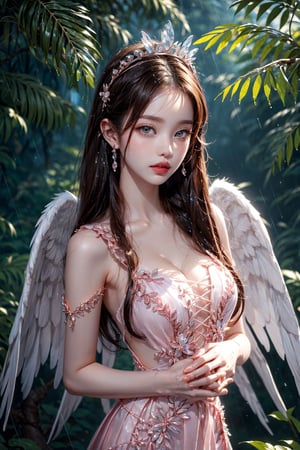 1girl, woman of the Renaissance,very bright light, pouting,jwy1,((see-through)), {beautiful and detailed eyes}, ((hands behind back)),sumptuous jewel, tiara, wet, rainy forest, 18 yo,(angel_wings),CHIBI,1 girl,wonyounglorashy