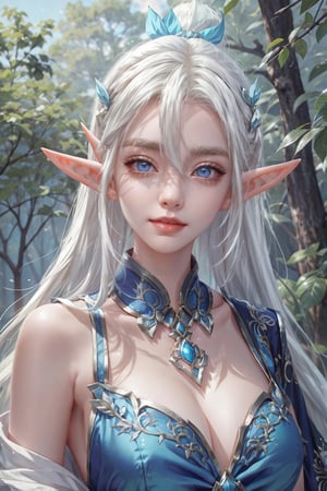 masterpiece, beautiful elf girl, white hair, blue eyes, cute smile, in forest,miya_ma,Realism
