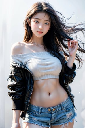 1girl, most beautiful korean girl, stunningly beautiful girl, gorgeous girl, 20yo, over sized eyes, big eyes, smiling, looking at viewer, solo, long hair, (white full sleeve top), (green Off the shoulder jacket), (low rise shorts), sneakers, Confidence and pride,beauty,Young beauty spirit, realistic, ultra detailed, photo shoot, raw photo,white_background,masterpiece