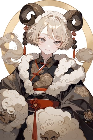 masterpiece, best quality, aethetic,warrior,Chinese Zodiac,Chinese style,a frail sheep girl, sheep, Torso shot,sheep horns,white twintails,soft and fluffy, 1 girl, most beautiful korean girl, stunningly beautiful girl, gorgeous girl, 20yo, over sized eyes, big eyes, smiling,