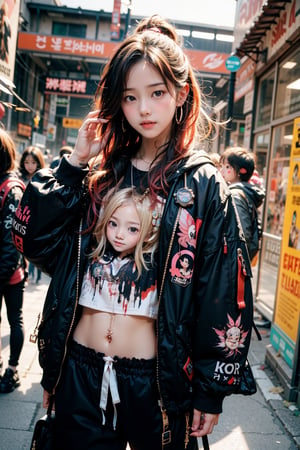 1girl, most beautiful korean girl, Korean beauty model, stunningly beautiful girl, gorgeous girl, 20yo, over sized eyes, big eyes, smiling, looking at viewer, dark gothic cyberpunk woman, defiant face, pastel colors, in clothes, colorful hair, light yellow sweatshirt, pants, black, with pink, guns hd, high detail, huoshen, TheLastOfUs, mgln