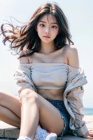 1girl, most beautiful korean girl, stunningly beautiful girl, gorgeous girl, 20yo, over sized eyes, big eyes, smiling, looking at viewer, solo, long hair, (white full sleeve top), (green Off the shoulder jacket), (low rise shorts), sneakers, Confidence and pride,beauty,Young beauty spirit, realistic, ultra detailed, photo shoot, raw photo,white_background,masterpiece