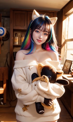 (best quality, masterpiece), most beautiful korean girl, Korean beauty model, stunningly beautiful girl, gorgeous girl, over sized eyes, big eyes, smiling, looking at viewer, ((Cowboy Shot: 1.5)), off shoulder, (multicolored hair:1.3), clutter girl's lovely room, hugging stuffed animal, fluffy hoodie with animal ears