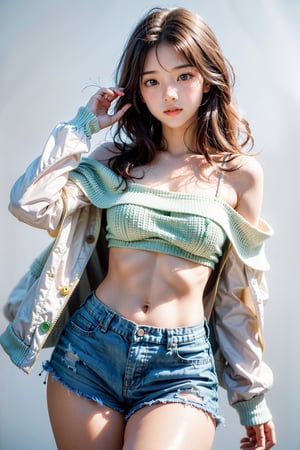 1girl, most beautiful korean girl, stunningly beautiful girl, gorgeous girl, 20yo, over sized eyes, big eyes, smiling, looking at viewer, solo, long hair, (white full sleeve top), (green Off the shoulder jacket), (low rise shorts), sneakers, Confidence and pride,beauty,Young beauty spirit, realistic, ultra detailed, photo shoot, raw photo,white_background