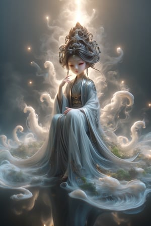 a Guanyin girl, [a white lighting translucent phantom made of smoke], intricate design, photorealistic, hyperrealistic, high definition, extremely detailed, cinematic, UHD, HDR, 32k, ultra hd, realistic, dark muted tones, highly detailed, perfect composition, beautiful detailed intricate insanely detailed octane render, trending on artstation,ghost person,Flat vector art,Magical Fantasy style,NIJI STYLE,huayu,SakimiStyle,MikieHara,Anime ,chibi,alienzkin