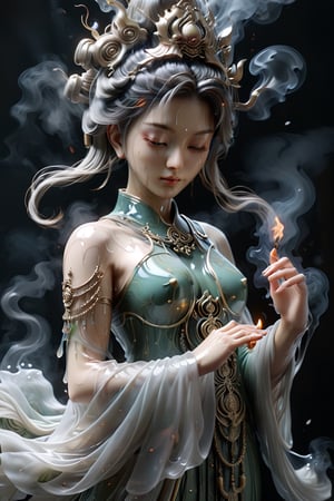 a Guanyin girl, [a white lighting translucent phantom made of smoke], intricate design, photorealistic, hyperrealistic, high definition, extremely detailed, cinematic, UHD, HDR, 32k, ultra hd, realistic, dark muted tones, highly detailed, perfect composition, beautiful detailed intricate insanely detailed octane render, trending on artstation,ghost person,Flat vector art,Magical Fantasy style,NIJI STYLE,huayu,SakimiStyle,MikieHara,Anime ,chibi,A girl in the wild ,more detail XL,cyborg style,oil paint ,dripping paint,colorful,fire element