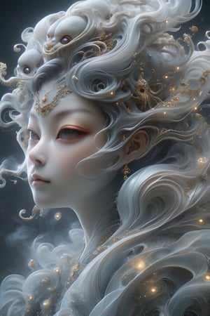 a Guanyin woman, [a white lighting translucent phantom made of smoke], intricate design, photorealistic, hyperrealistic, high definition, extremely detailed, cinematic, UHD, HDR, 32k, ultra hd, realistic, dark muted tones, highly detailed, perfect composition, beautiful detailed intricate insanely detailed octane render, trending on artstation,ghost person,Flat vector art,Magical Fantasy style,NIJI STYLE,huayu,SakimiStyle,MikieHara,Anime ,chibi,alienzkin