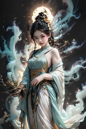 a Guanyin girl, [a white lighting translucent phantom made of smoke], intricate design, photorealistic, hyperrealistic, high definition, extremely detailed, cinematic, UHD, HDR, 32k, ultra hd, realistic, dark muted tones, highly detailed, perfect composition, beautiful detailed intricate insanely detailed octane render, trending on artstation,ghost person,Flat vector art,Magical Fantasy style,NIJI STYLE,huayu