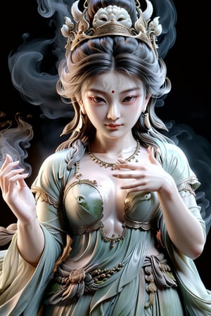 a Guanyin girl, [a white lighting translucent phantom made of smoke], intricate design, photorealistic, hyperrealistic, high definition, extremely detailed, cinematic, UHD, HDR, 32k, ultra hd, realistic, dark muted tones, highly detailed, perfect composition, beautiful detailed intricate insanely detailed octane render, trending on artstation,ghost person,Flat vector art,Magical Fantasy style
