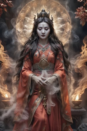 a Guanyin girl, [a white lighting translucent phantom made of smoke], intricate design, photorealistic, hyperrealistic, high definition, extremely detailed, cinematic, UHD, HDR, 32k, ultra hd, realistic, dark muted tones, highly detailed, perfect composition, beautiful detailed intricate insanely detailed octane render, trending on artstation,ghost person,modelshoot style,3D,lis4