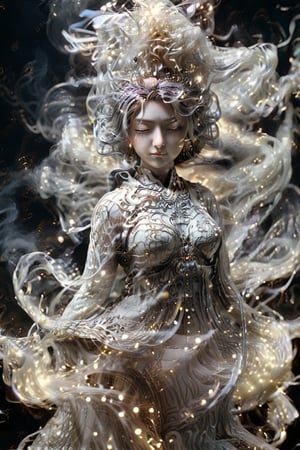 a Guanyin girl, [a white lighting translucent phantom made of smoke], intricate design, photorealistic, hyperrealistic, high definition, extremely detailed, cinematic, UHD, HDR, 32k, ultra hd, realistic, dark muted tones, highly detailed, perfect composition, beautiful detailed intricate insanely detailed octane render, trending on artstation,ghost person,Flat vector art,Magical Fantasy style,NIJI STYLE,huayu,SakimiStyle,MikieHara,Anime ,chibi,A girl in the wild ,more detail XL,cyborg style