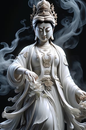 a Guanyin girl, [a white lighting translucent phantom made of smoke], intricate design, photorealistic, hyperrealistic, high definition, extremely detailed, cinematic, UHD, HDR, 32k, ultra hd, realistic, dark muted tones, highly detailed, perfect composition, beautiful detailed intricate insanely detailed octane render, trending on artstation,ghost person,Flat vector art