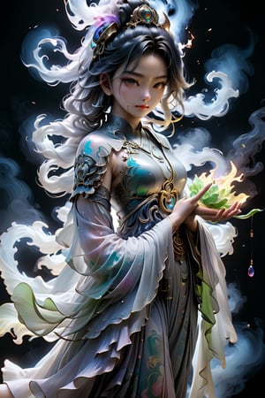a Guanyin girl, [a white lighting translucent phantom made of smoke], intricate design, photorealistic, hyperrealistic, high definition, extremely detailed, cinematic, UHD, HDR, 32k, ultra hd, realistic, dark muted tones, highly detailed, perfect composition, beautiful detailed intricate insanely detailed octane render, trending on artstation,ghost person,Flat vector art,Magical Fantasy style,NIJI STYLE,huayu,SakimiStyle,MikieHara,Anime ,chibi,A girl in the wild ,more detail XL,cyborg style,oil paint ,dripping paint,colorful